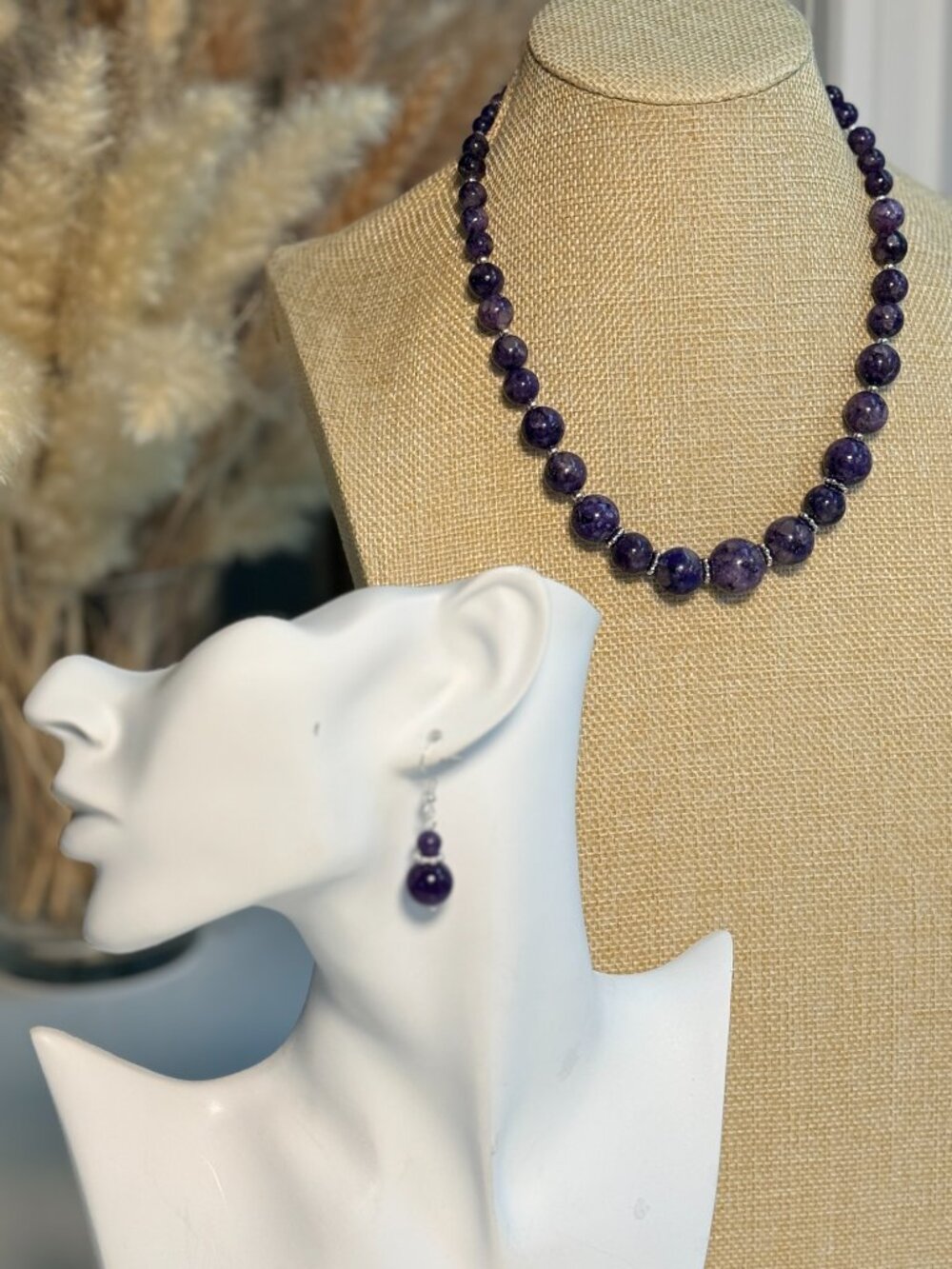 Charoite Necklace Earrings Set Purple Gemstone Jewelry